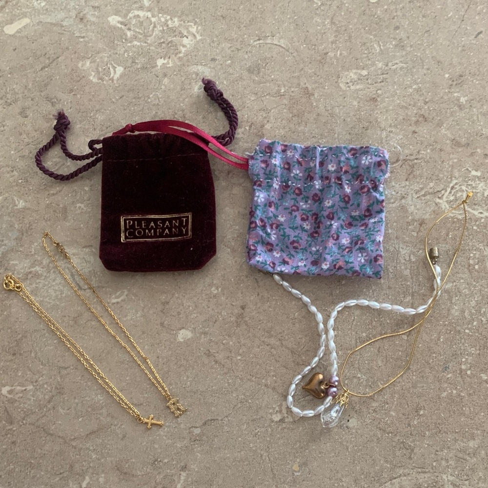 American Girl Gold and White Doll Jewelry Set with Floral and Velvet Pouches